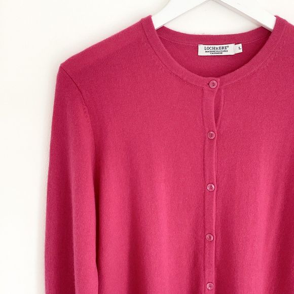 Cashmere cardigan L Lochmere EWM bright magenta pink crew neck long sleeved knit - Picture 2 of 16
